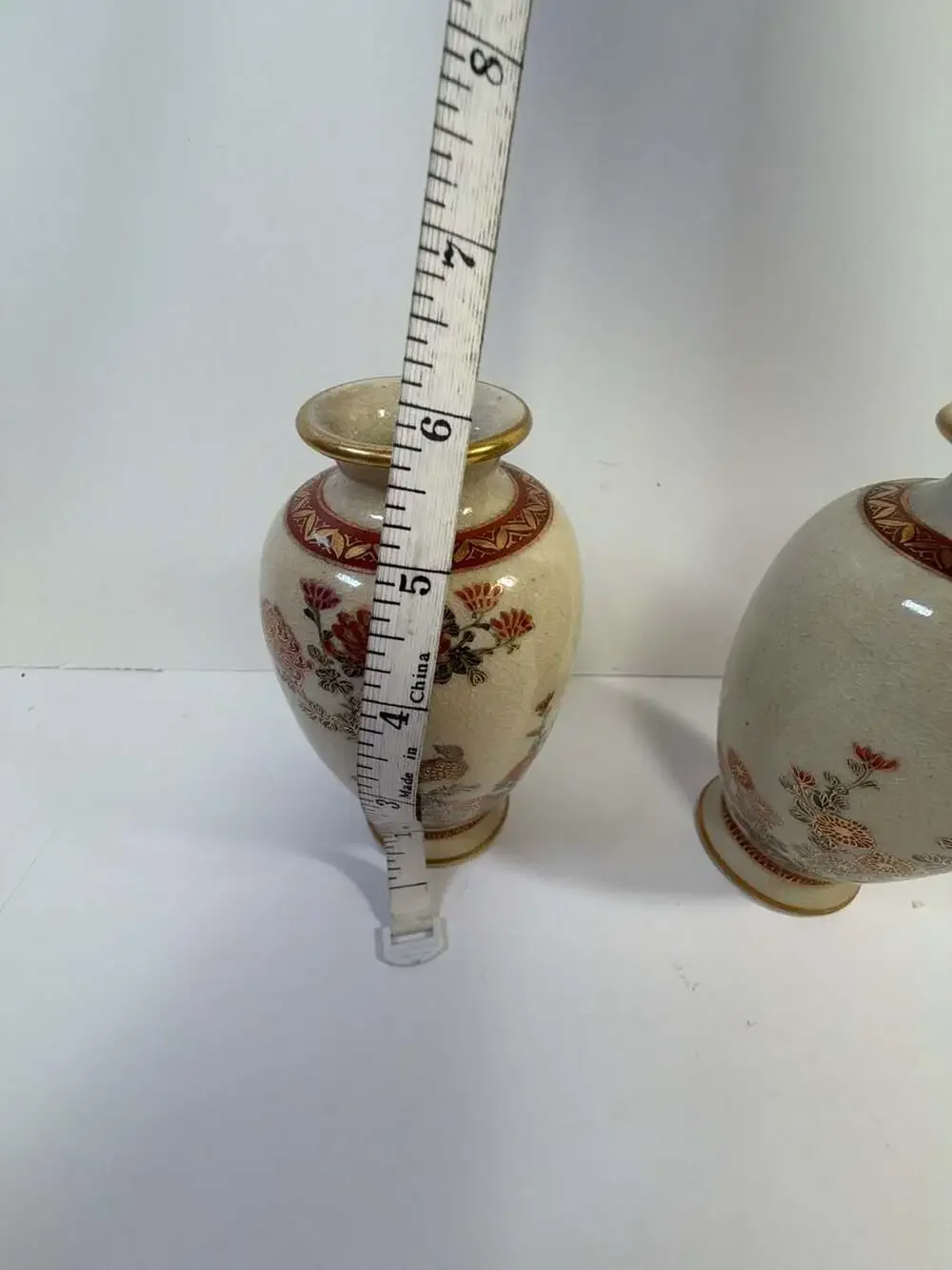 Vintage Japanese Satsuma Style Crackle Glaze Floral Bird‎ Vases Set of 2